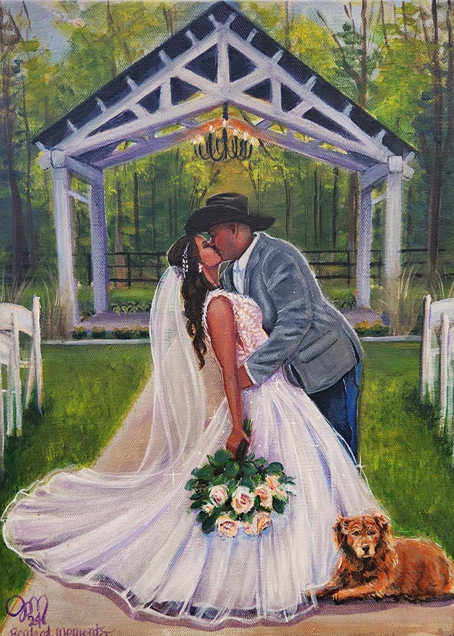 Rendered Moments paints the bride and groom sharing a kiss on canvas.