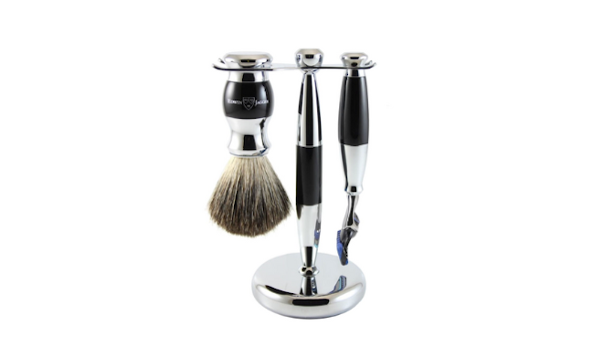 A silver shaving set for the groom.