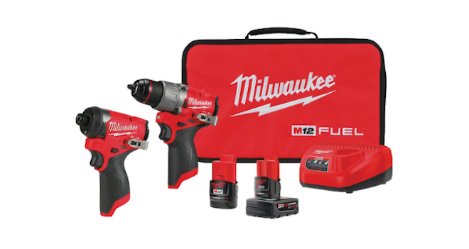 A red 12 piece Milwaukee tool kit. 