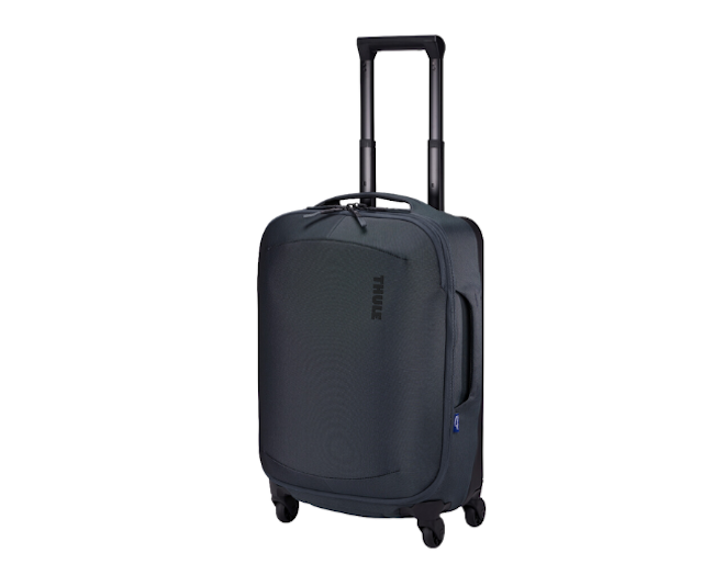 A dark slate colored carry-on suitcase. 