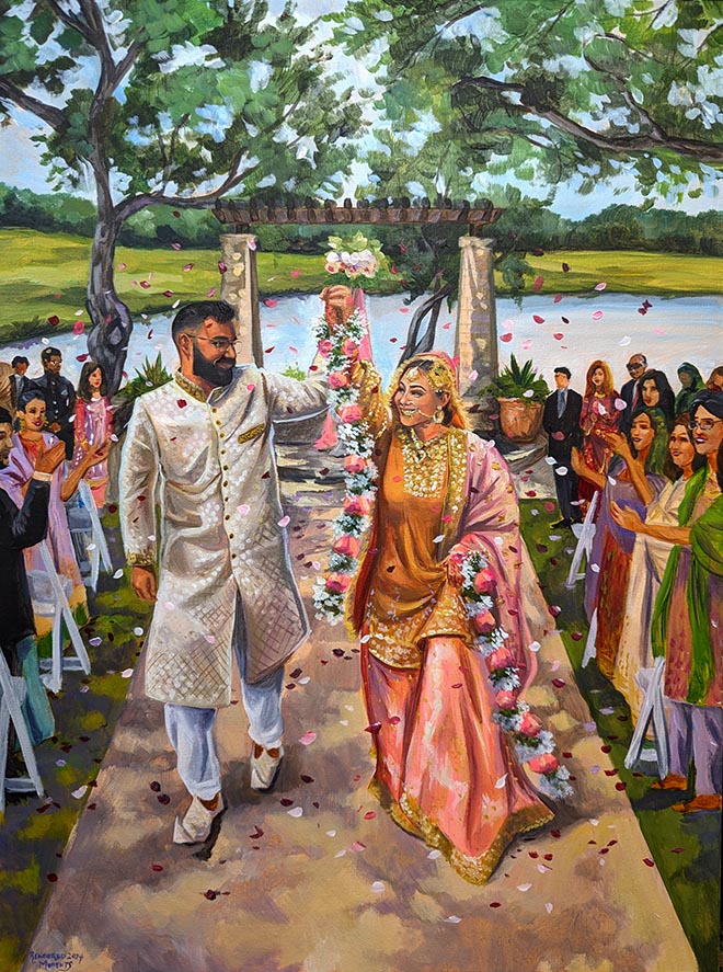 Live wedding painters Rendered Moments paints the couple holding hands at their Hindu ceremony on canvas.