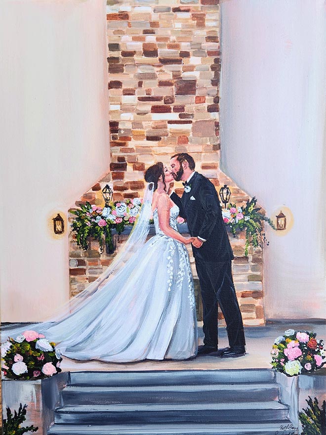 Rendered Moments paints on canvas a painting of the bride and groom sharing a kiss at the alter.