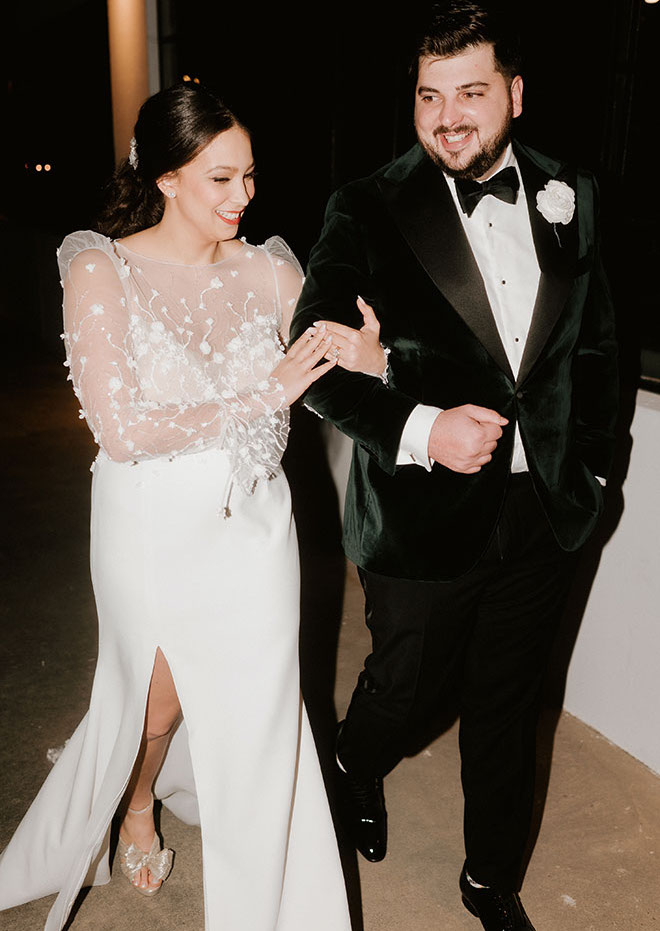 The bride and groom wed with a champagne and copper wedding at The Astorian.