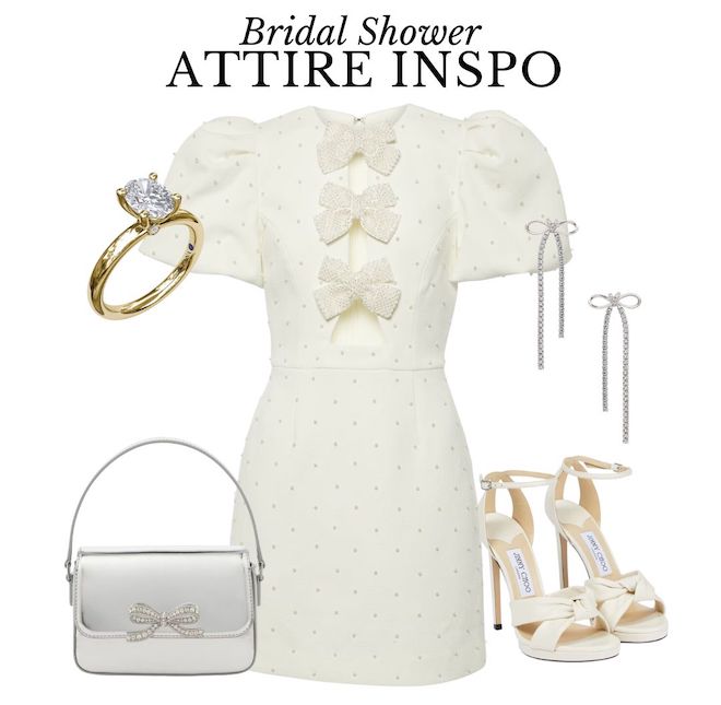 Bridal Shower Attire Inspo: A white puffy sleeve dress with three bows. A gold ring from Zadok Jewelers, silver bow earrings and a silver bow bag. White leather Jimmy Choo heels.