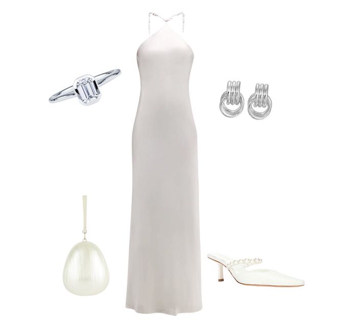 Maxi silk white dress paired with white heels, diamond ring, pearl drop bag, and silver earrings. 