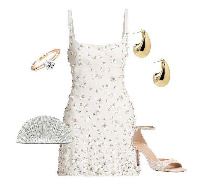 White sparkly dress paired with pearl kitten heels, a silver clutch, gold drop earrings, and a rose gold band engagement ring. 