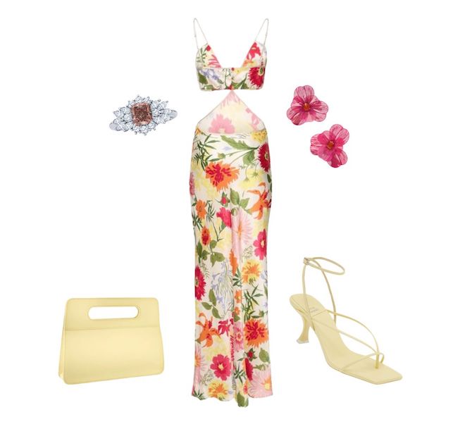 A floral cutout dress with colorful flowers is paired with light yellow shoes and a purse. It is matched with a pink silver diamond ring and pink earrings. 