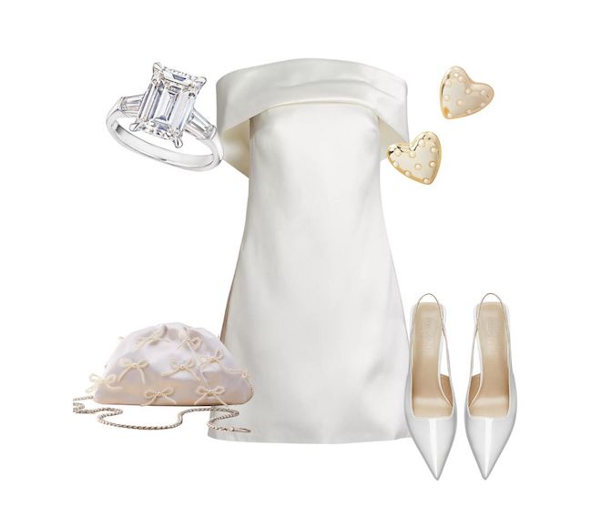 Fashion inspiration collage, white off the shoulder dress paired with heart gold earrings, silver diamond ring, white pearl bag and white kitten heels. 