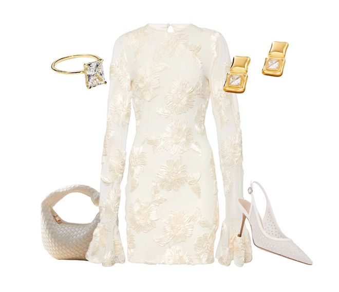 Fashion wedding inspiration collage, longsleeve white dress paired with white heels, old statement earrings, gold ring, and woven white purse. 