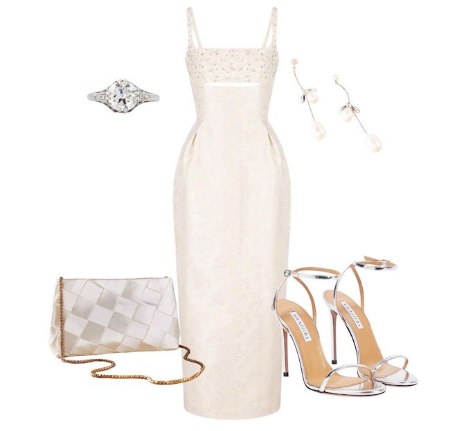 Fashion bridal collage, midi rhinestoned dress paired with silver heels, pearl earrings, silver diamond ring, and a satin purse. 