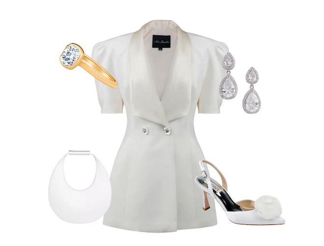 Mini white collared dress paired with white kitten heels, a white moon purse, diamond silver earrings, and a gold bad diamond ring. 