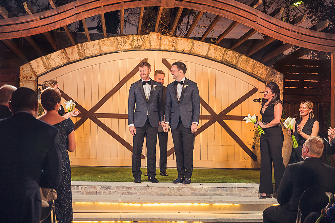 houston, LGBT, gay couple, city wedding, modern, chic, Hughes Manor, navy, brass, two grooms
